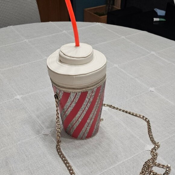 Dolls Kill Sippin’ On Tea Cup Crossbody Purse – Red/White Glitter Stripes - Picture 1 of 4